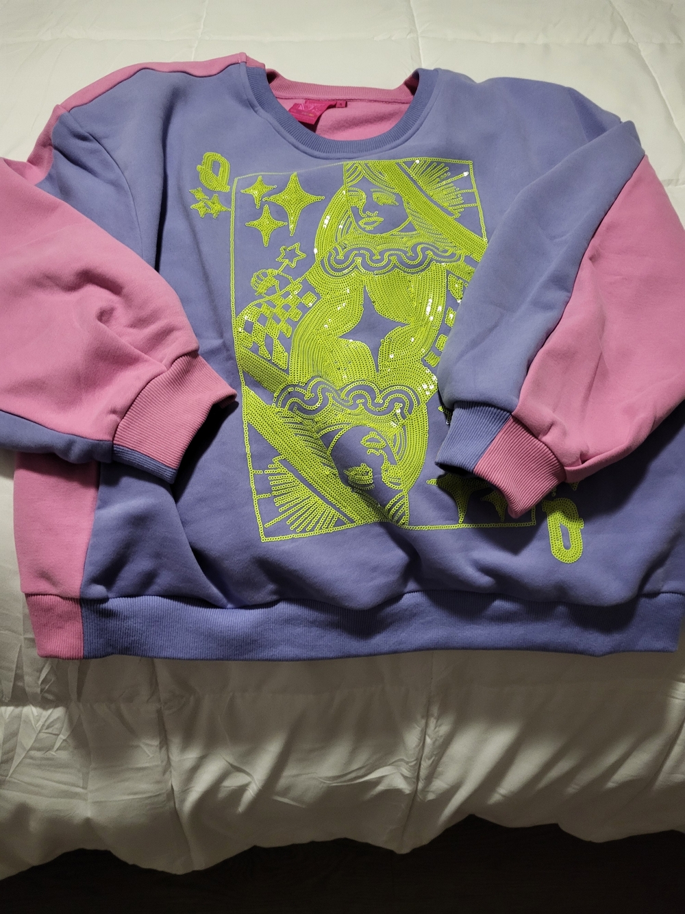 Queen Of Sparkles Lavender & Pink Graphic Crewneck with Neon Yellow Design
